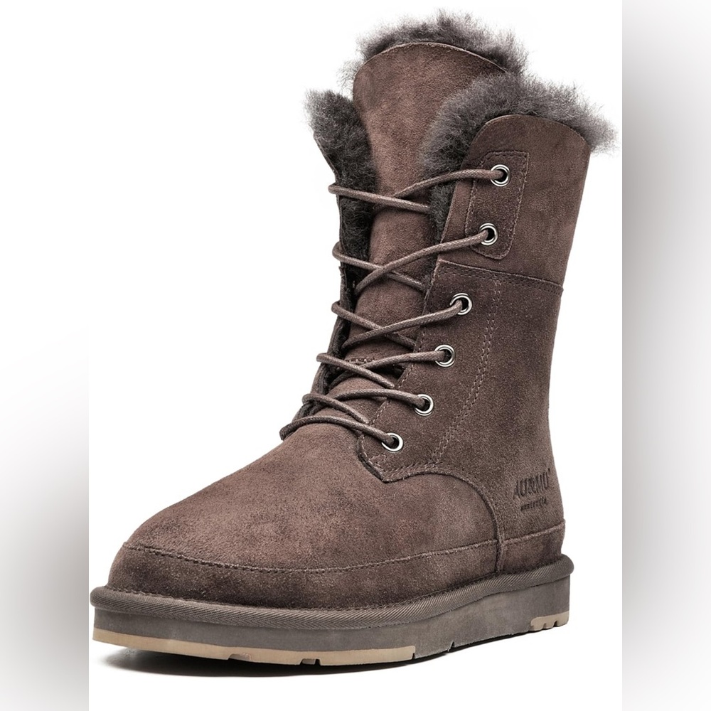 AU&MU Leather Sheepskin Classic Lace up Mid Calf Flat Fur Winter Snow Boot
